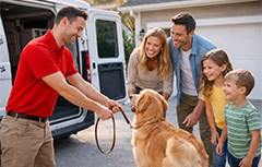 Guy with dog on a leash in front of smiling family