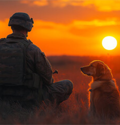 Solder and dog in front of sunset